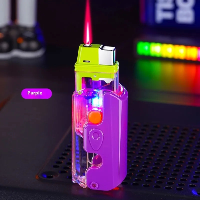 Orange, purple, and green plastic windproof lighter with bare metal finish.