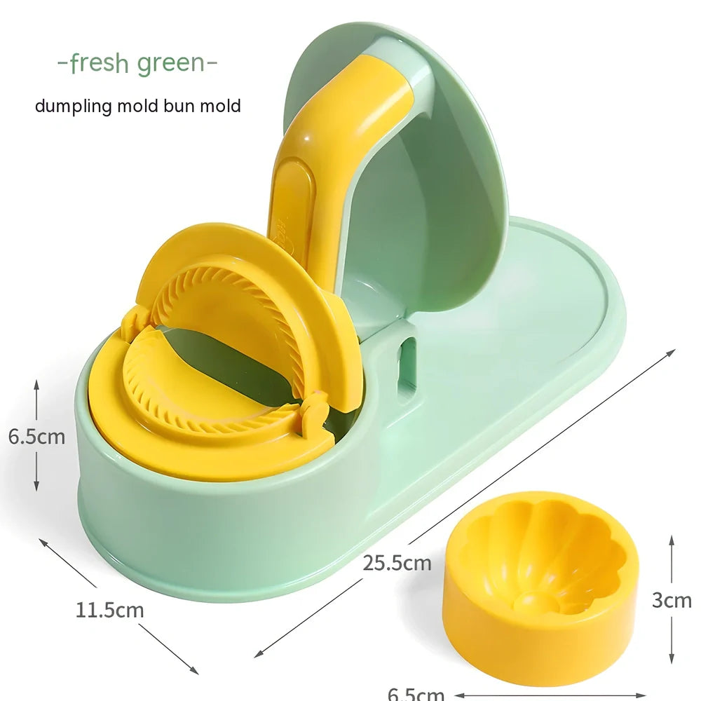 Green dumpling wrapper press machine creating uniform 8cm dough circles on kitchen counter