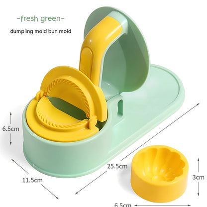 Green dumpling wrapper press machine creating uniform 8cm dough circles on kitchen counter