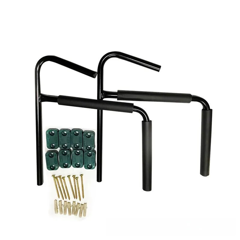 Carbon steel kayak wall hanger rack for mounting surfboards and paddleboards on a garage wall.