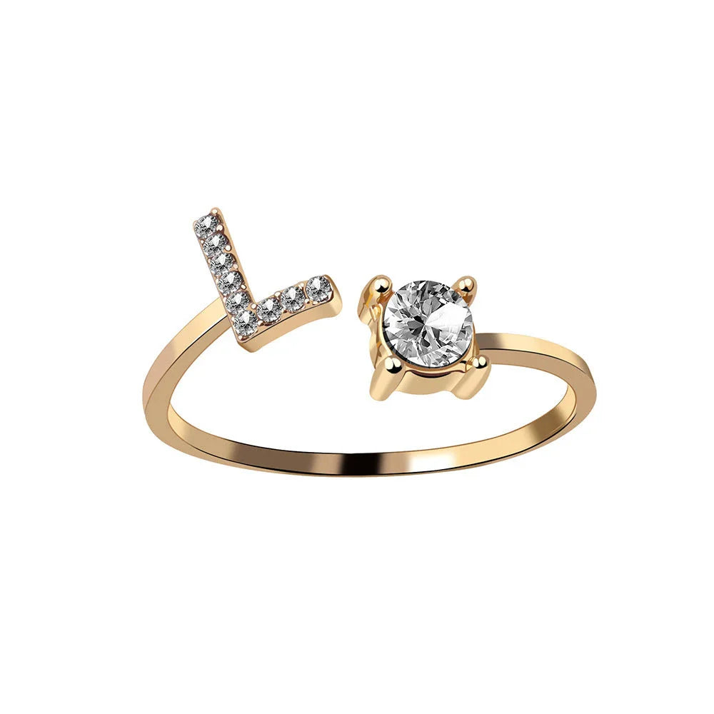 Personalized Initial Letter Adjustable Ring made of copper alloy and zircon, showcasing a vintage-inspired design