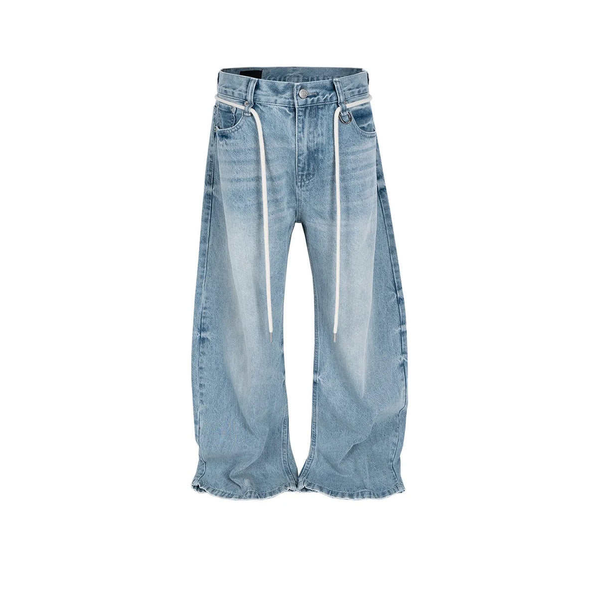 Blue vintage washed straight-leg denim trousers with a drawstring waistband on a hanger.
