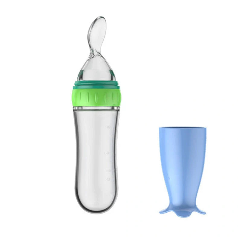 Blue baby silicone feeding spoon with 90ml capacity for rice paste and semi-liquid foods
