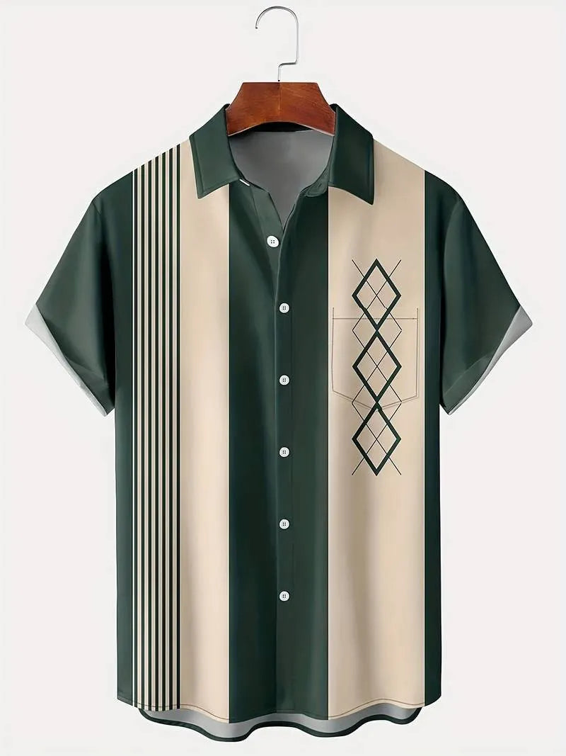 Man wearing a loose-fit plaid short-sleeve cardigan in a casual setting.