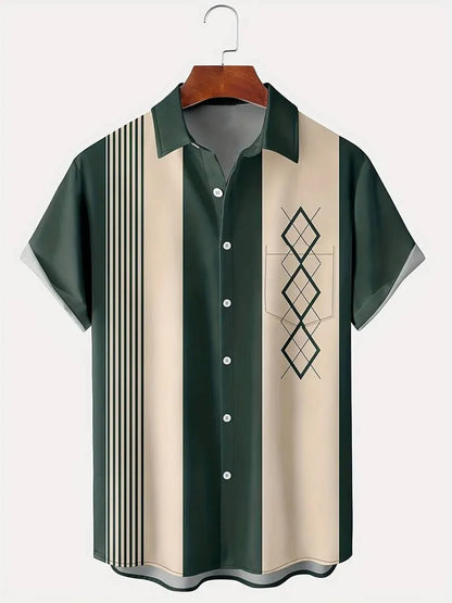 Man wearing a loose-fit plaid short-sleeve cardigan in a casual setting.