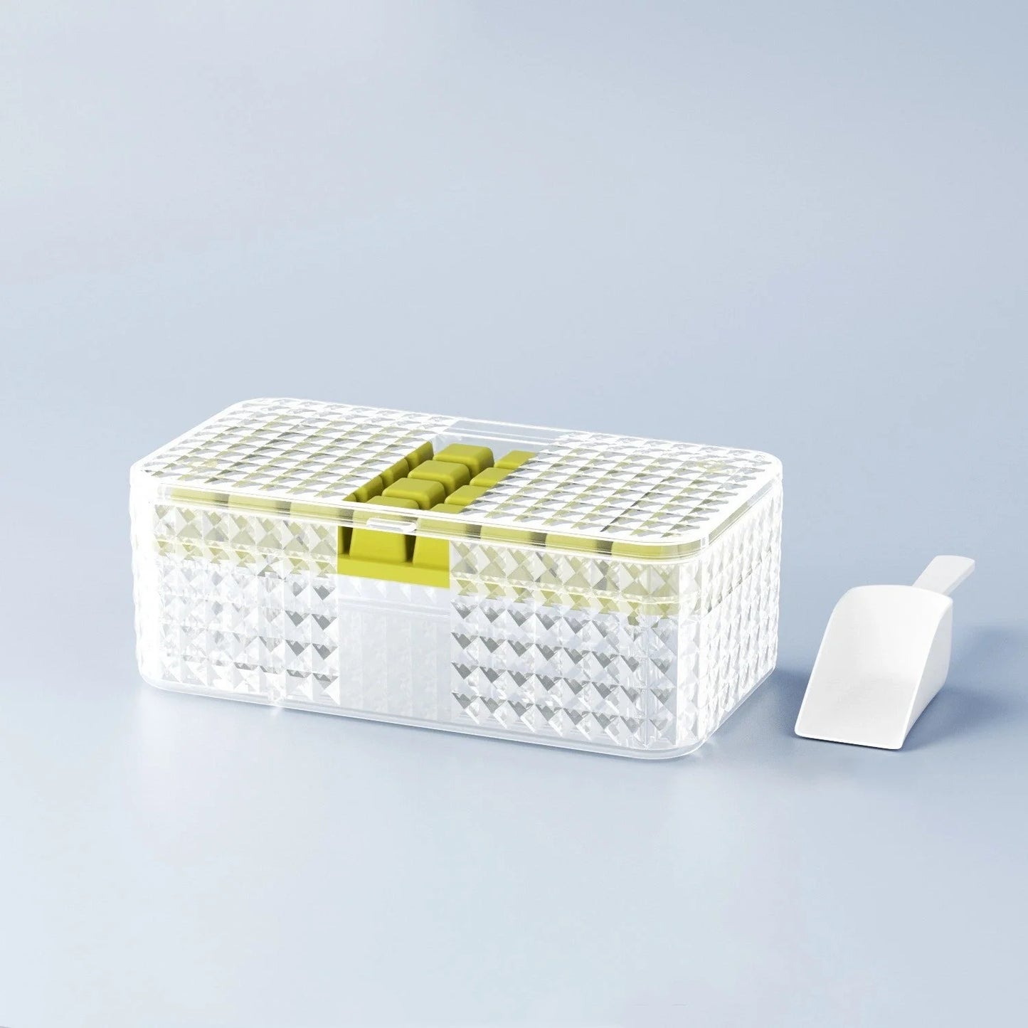 Large silicone square ice mold with lid for easy ice cube removal, available in green and purple