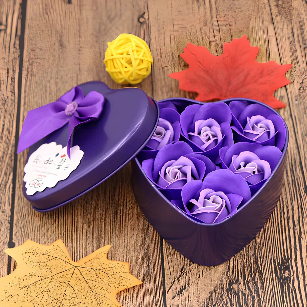 Handmade soap flower gift box in red heart-shaped tin with three blooms and bear, 12x12x5 cm for Valentine's Day