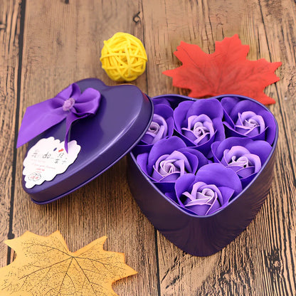 Handmade soap flower gift box in red heart-shaped tin with three blooms and bear, 12x12x5 cm for Valentine's Day
