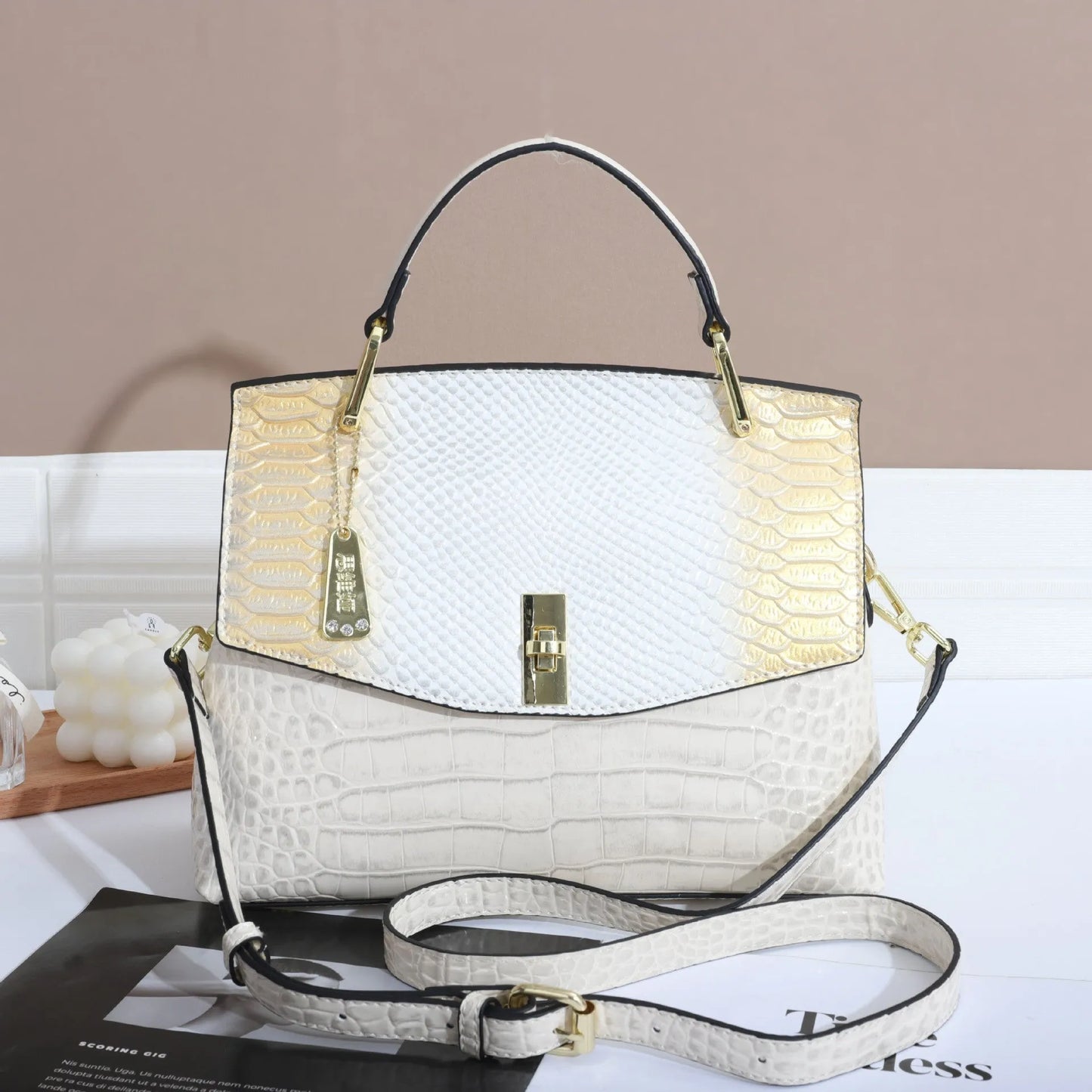 Women's colourful crocodile pattern crossbody handbag with snake print in horizontal square shape