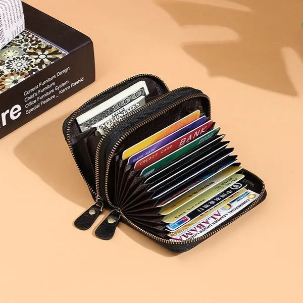 Genuine cowhide leather expanding card holder wallet with zipper closure in multiple colour options