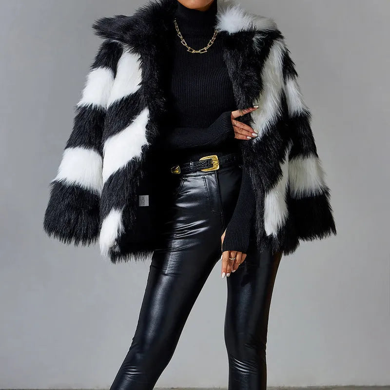 Lapel contrast colour faux fur coat with detachable fur collar, shown in picture colour, regular sleeves.