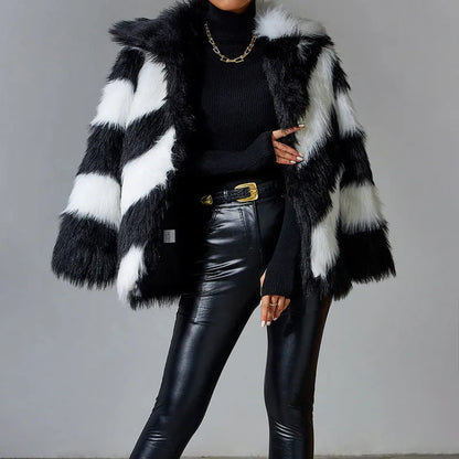 Lapel contrast colour faux fur coat with detachable fur collar, shown in picture colour, regular sleeves.