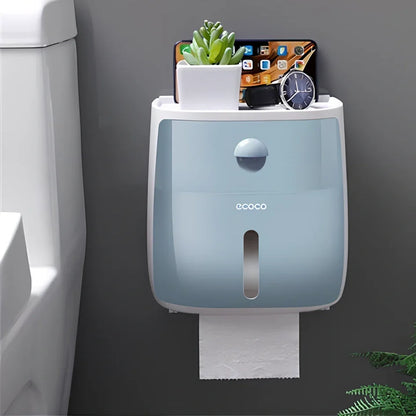 Double-layer waterproof tissue box rack with pumping mechanism in black, blue, grey or pink