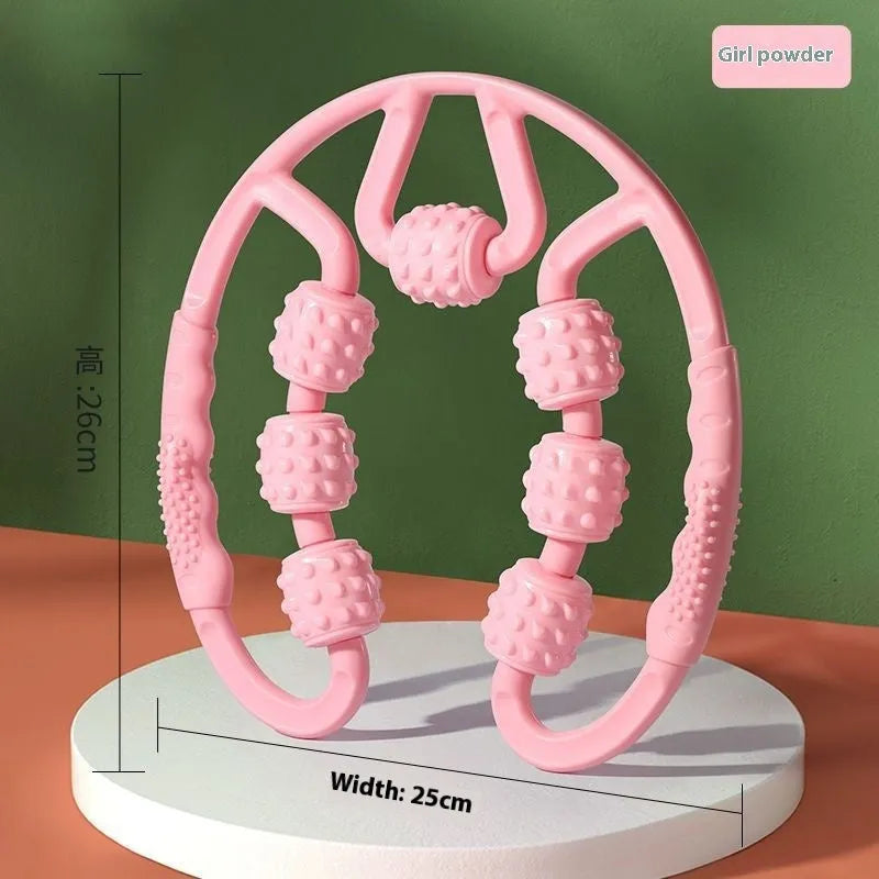 Ring clip leg massager roller with 12 wheels in macaron pink colour, showing adjustable grip and PP material construction