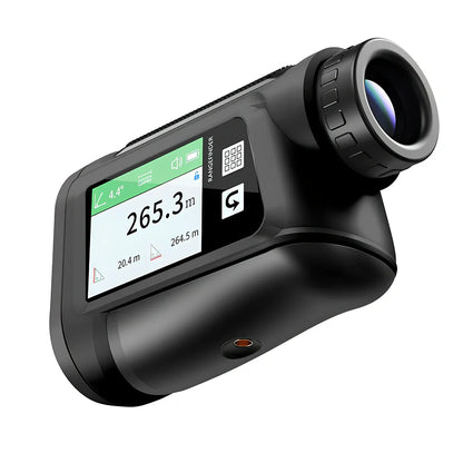 Black golf laser rangefinder with touch screen display showing distance measurement