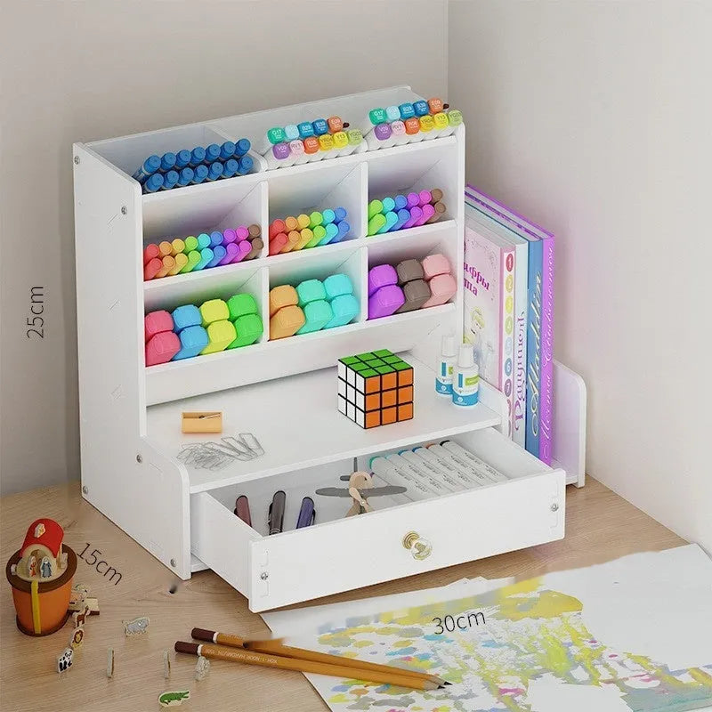 Square plastic pen holder storage box with multiple grid compartments for stationery organisation.