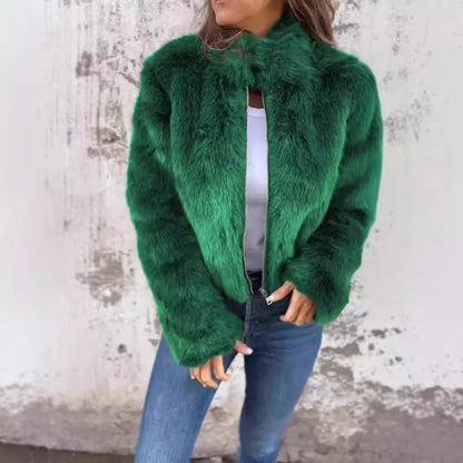 Women's stand collar plush jacket in faux fur with zipper, available in multiple colors