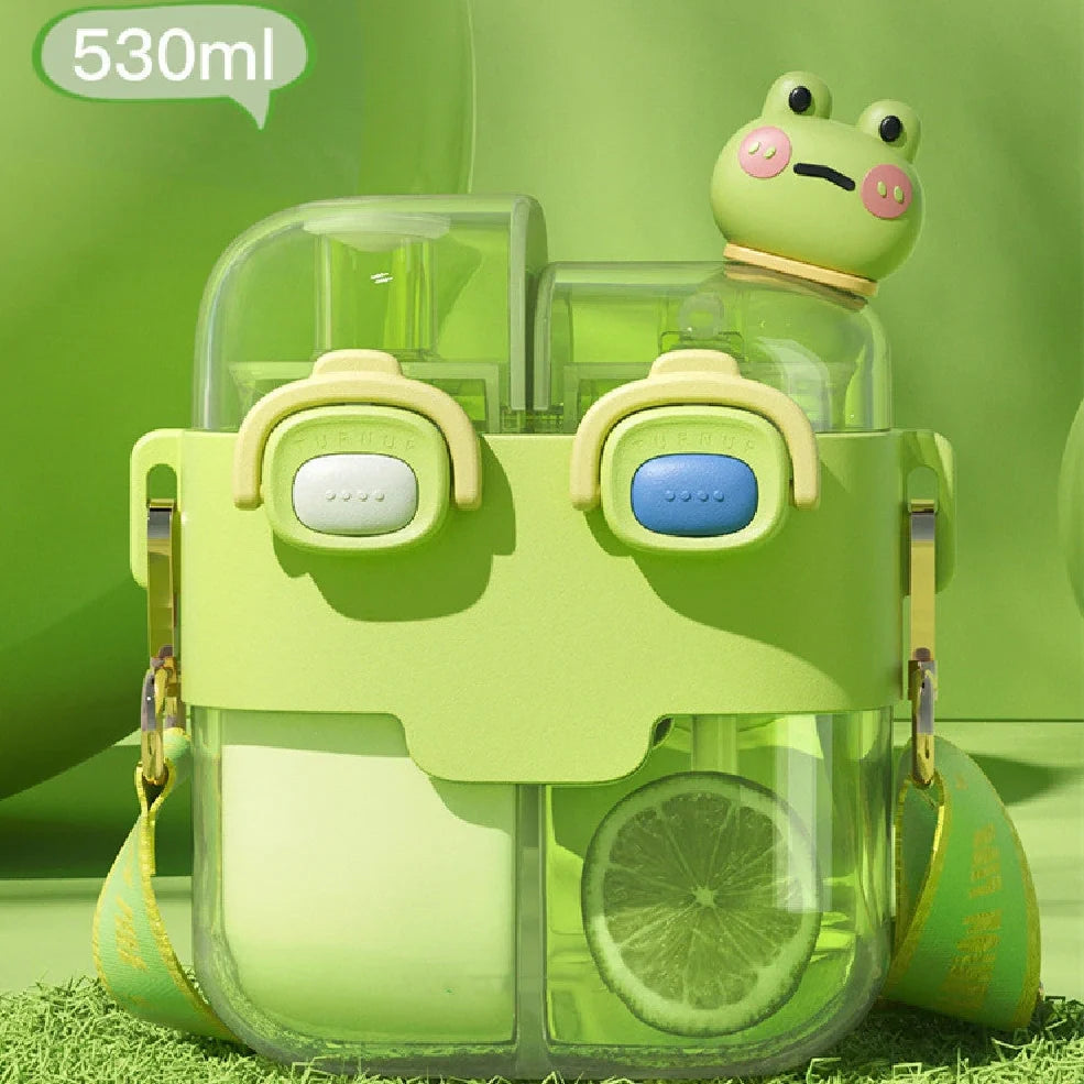 Plastic water bottle with spring cover in coral pink, measures 11.3x20.5x7cm