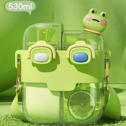 Plastic water bottle with spring cover in coral pink, measures 11.3x20.5x7cm