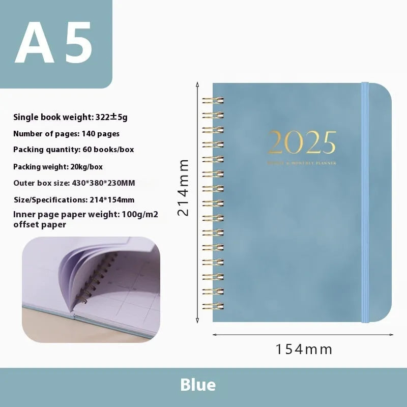 A5 size PU leather notebook with metal coil binding in a choice of colours including black, blue, and brown.