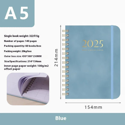 A5 size PU leather notebook with metal coil binding in a choice of colours including black, blue, and brown.