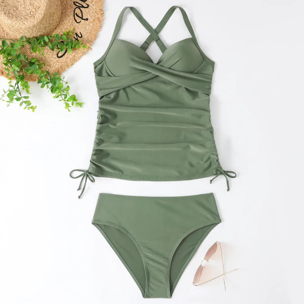 Women's high-waist swimwear bikini set with backless design in solid colours