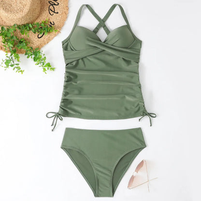 Women's high-waist swimwear bikini set with backless design in solid colours