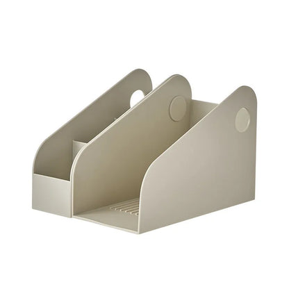 Two-tier plastic desktop storage box in milk coffee colour, dimensions 14.5x17x22cm