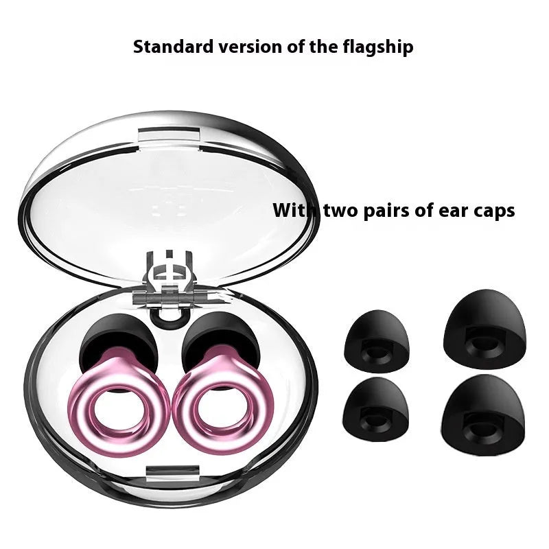 A pair of noise reduction sleep earplugs in a choice of colours, shown with a storage box and spare silicone ear caps.