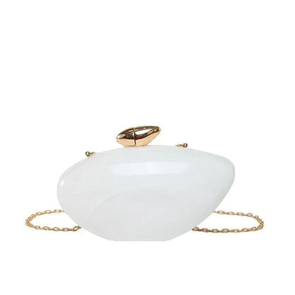 Oval shell goose egg acrylic evening bag with chain shoulder strap, hard outer and mobile phone bag section