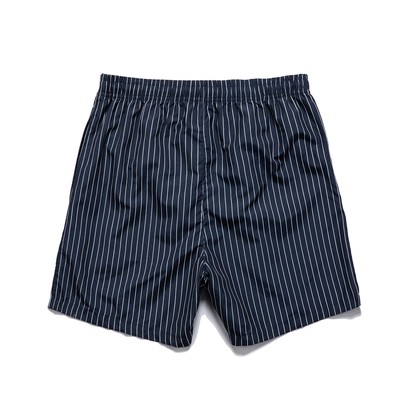 Pair of grey striped polyester shorts with a straight leg cut on a mannequin