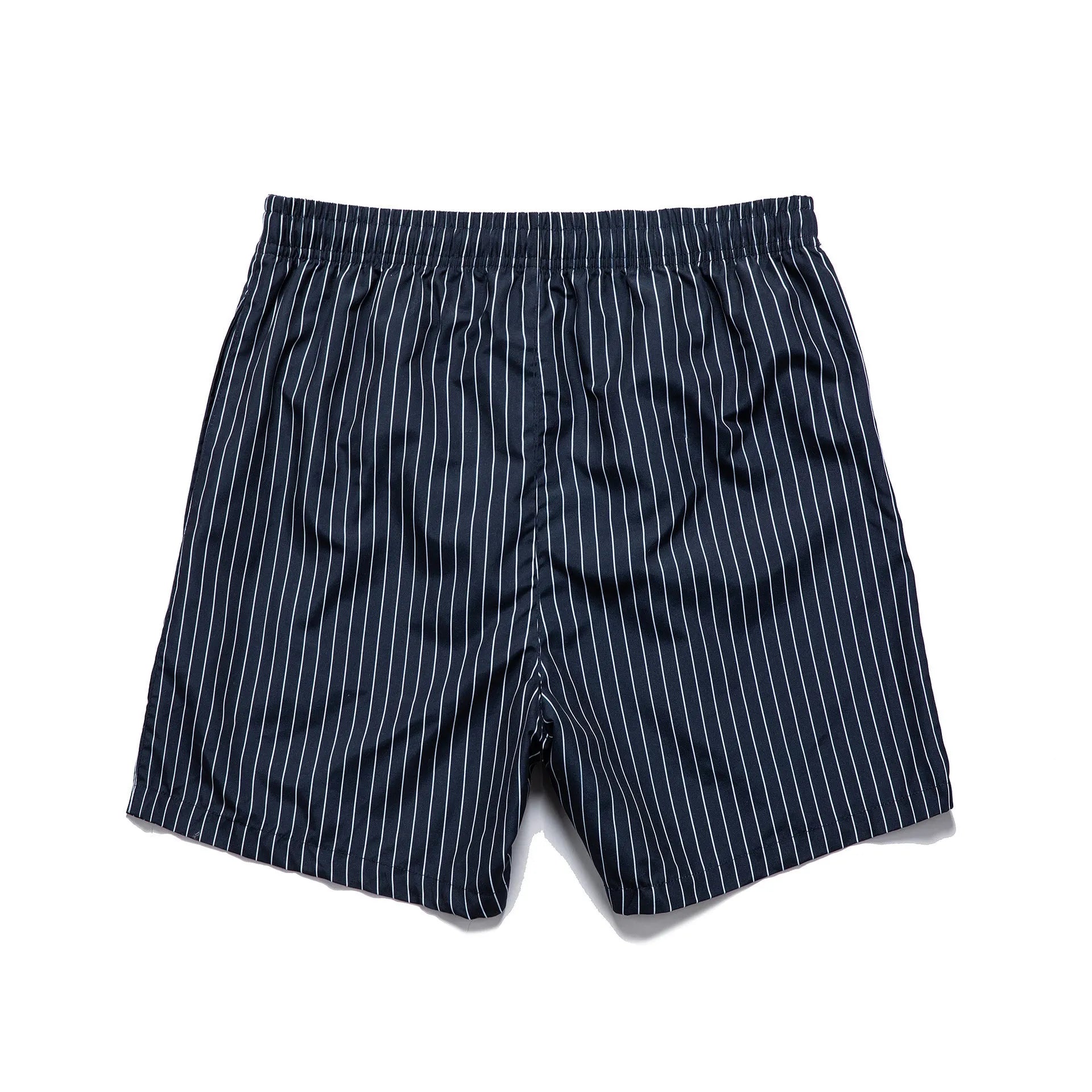 Pair of grey striped polyester shorts with a straight leg cut on a mannequin