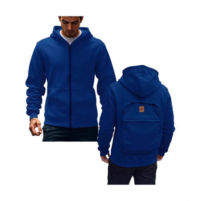 Men's loose-fit hoodie cardigan sweater with back schoolbag design and stick pocket in light grey, black and blue.