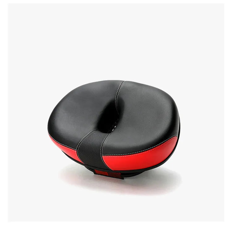 Large red plus-size thickened bicycle saddle with PU pattern and reflective sticker.