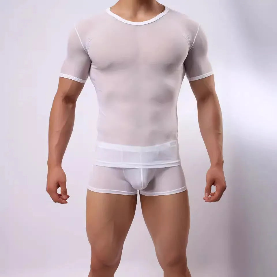 Men's slim fit solid colour mesh t-shirt in black, shown front-on.