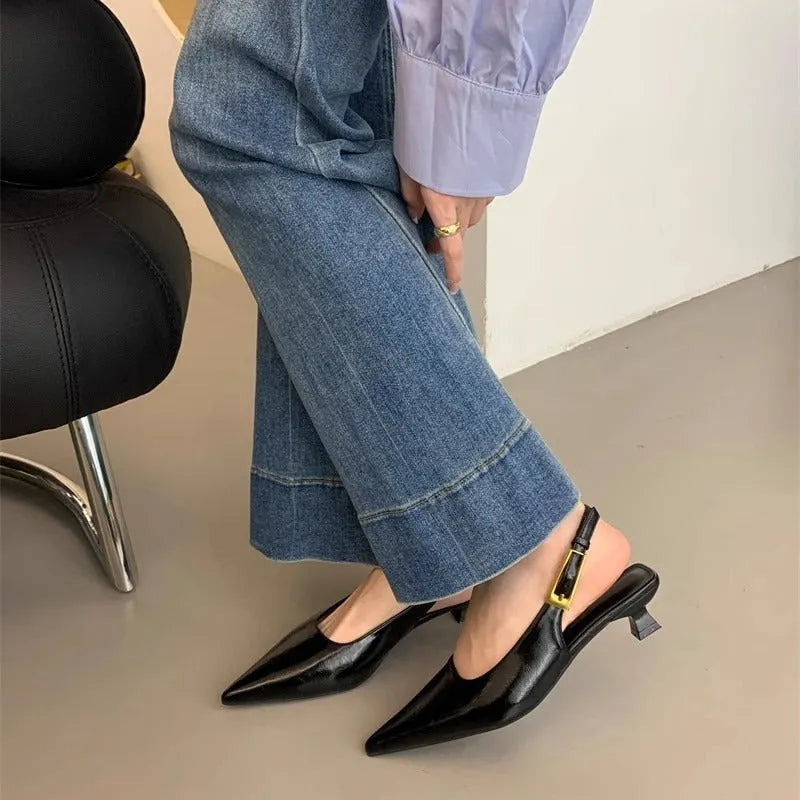 Pointed toe leather shoes with thin straps and low heel in four colour options