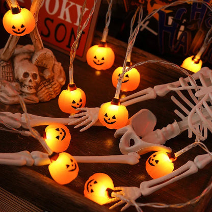 Warm glowing Halloween lighting chain with pumpkins, ghosts, and bats for indoor and outdoor decoration
