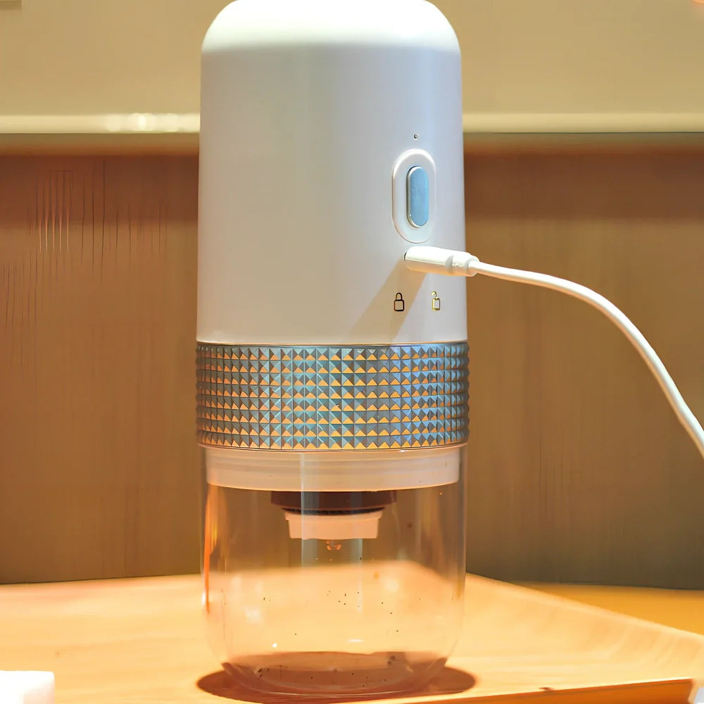 Black electric ceramic coffee grinder with USB port, measuring 18.8x7.5cm