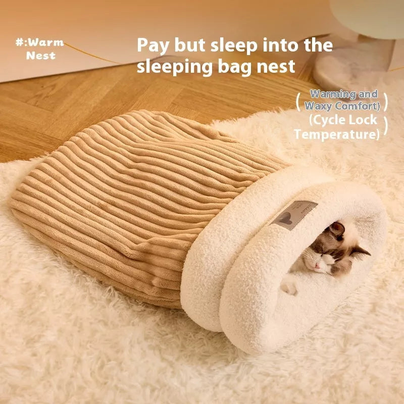 Winter warm plush pet sleeping bag for cats and dogs in brown, gray, and white