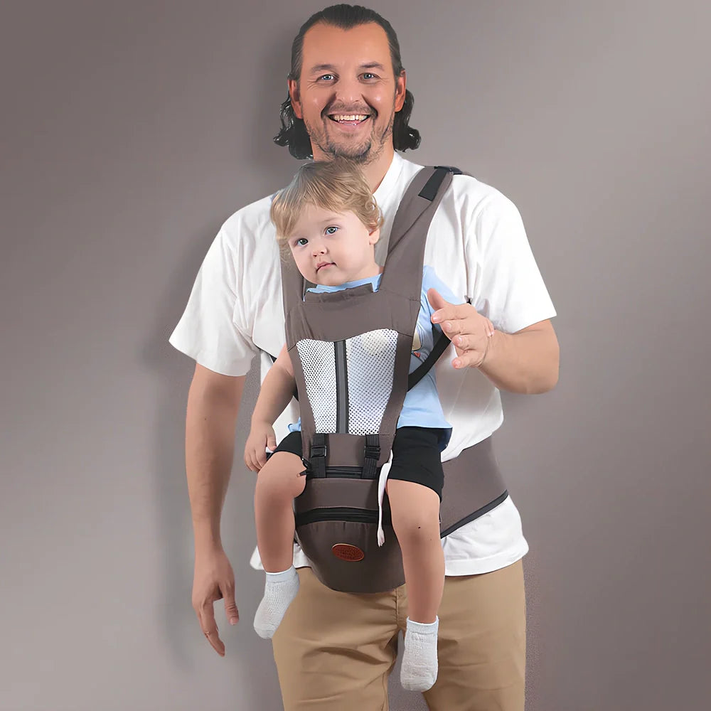 Waist stool baby carrier with 25cm seat supporting toddler, showing hip strap adjustment and weight distribution
