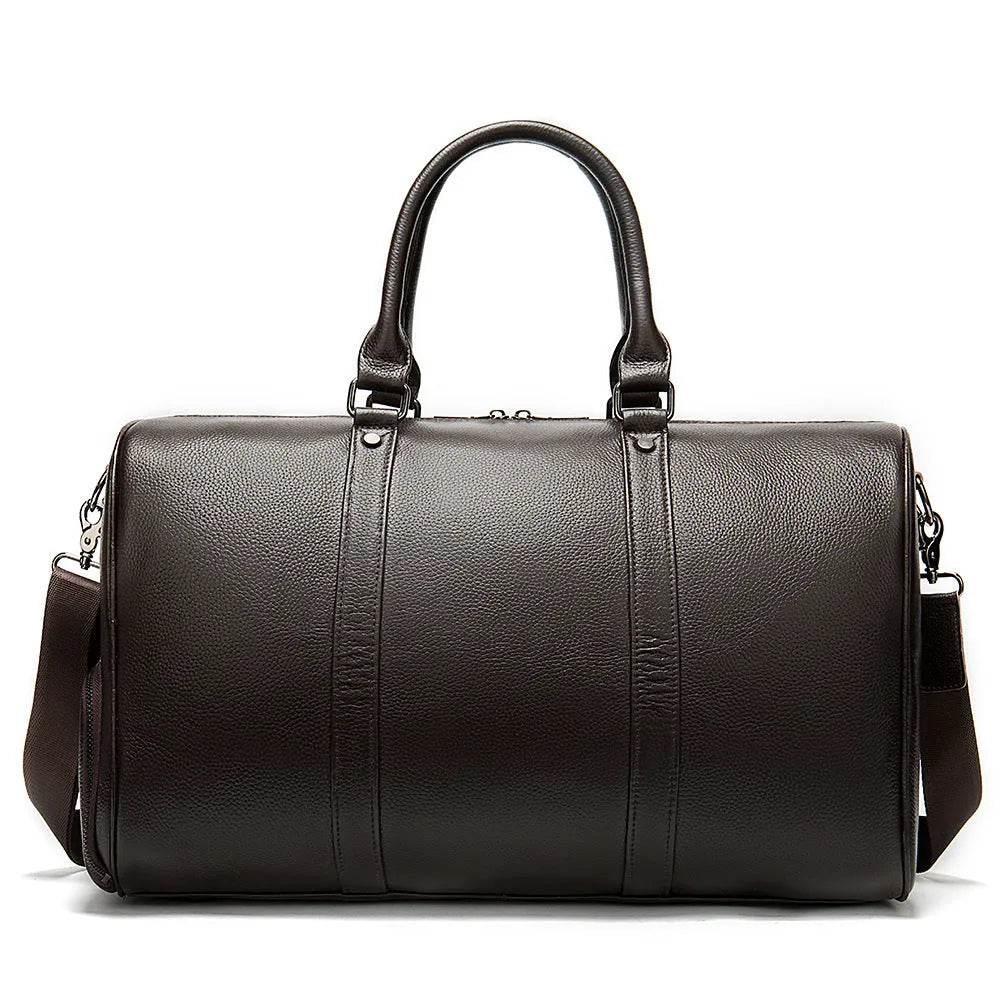Men's leather excursion bag in black or coffee, 44cm or 55cm length, with single strap and plain design