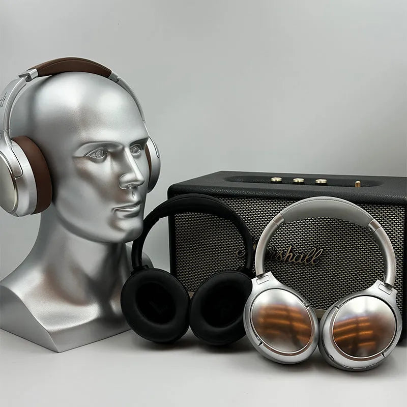 Retro style Bluetooth headphones with metal frame in brown, silver, or black colour