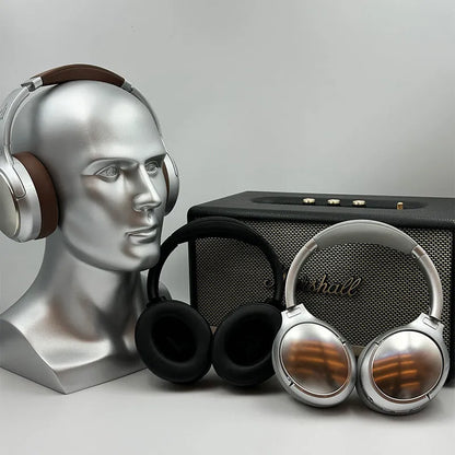 Retro style Bluetooth headphones with metal frame in brown, silver, or black colour