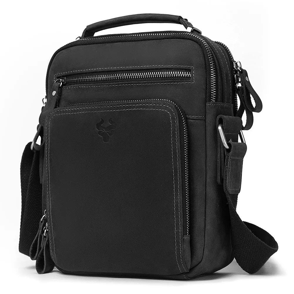 Men's brown crazy horse leather single-shoulder crossbody bag with visible stitching.