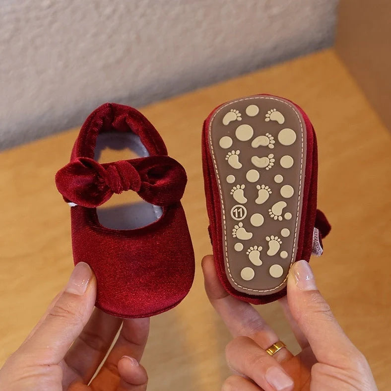 Wine red baby girl's shoes with elastic band closure and textured non-slip rubber soles