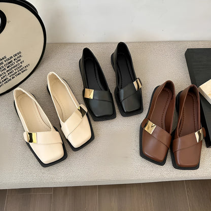 Women's square toe flat shoes with metal buckle in artificial leather