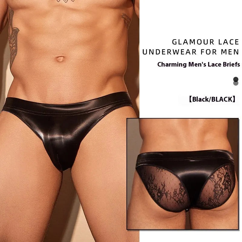 Men's black shark skin lace briefs on a white background, showing textured hipster design.