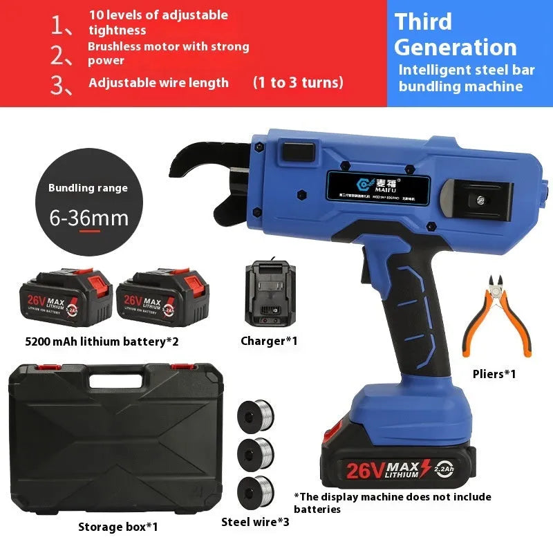 Electric steel bar tying machine with battery, charger and toolbox for construction reinforcement