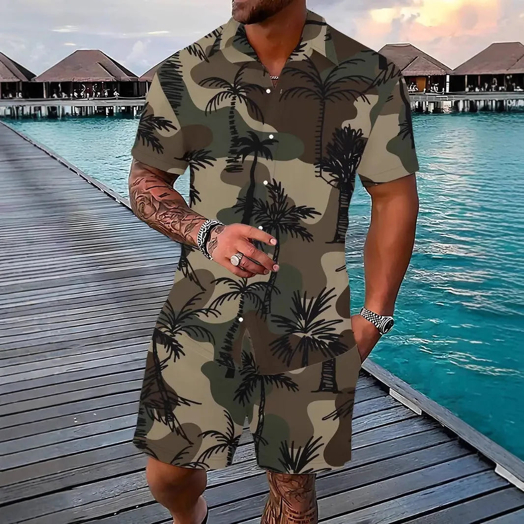 Men's Hawaii 3D printed short sleeve suit with textured patterns on polyester fabric