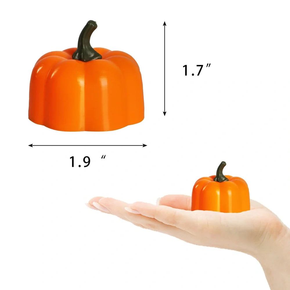 12 yellow LED pumpkin lights with electronic candle function measuring 4.9x4.3cm